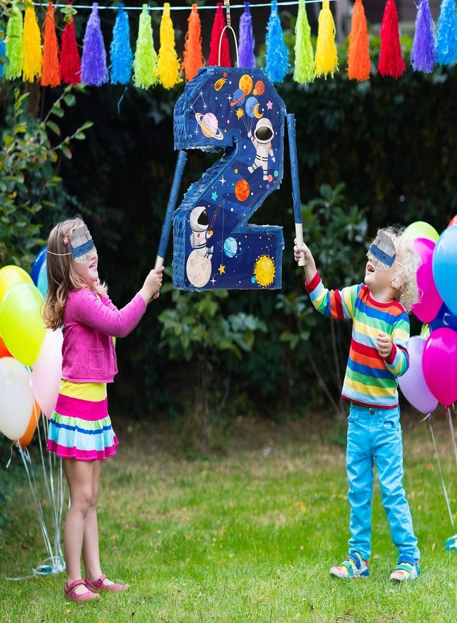 Jexine 3 Pcs 16'' Outer Space Number 2 Piñata Plastic Solar System Number Two Piñata with Blindfold Bat, Confetti for Boy Outer Space Theme 2nd Birthday Celebration Party Supplies - Image 5